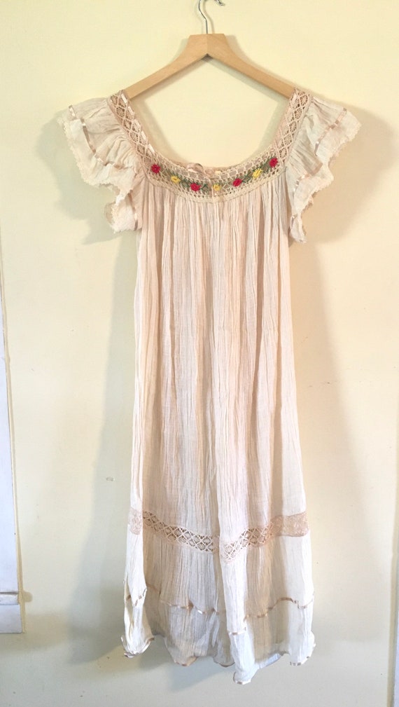 Vintage Gauze Dress Cotton Crochet Hippie Boho Gy… - image 3