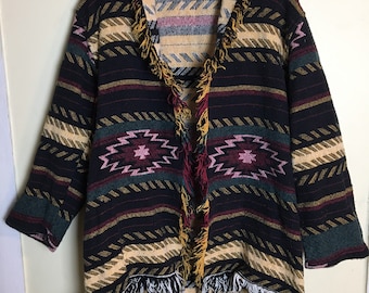 Vintage Blanket Jacket Cotton Fringe Aztec Woven Tapestry Cardigan Hippie Boho Festival Bohemian Southwestern Coat