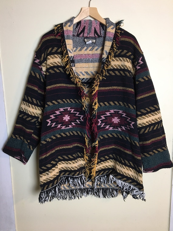 Vintage Blanket Jacket Cotton Fringe Aztec Woven Tapestry Cardigan Hippie Boho Festival Bohemian Southwestern Coat