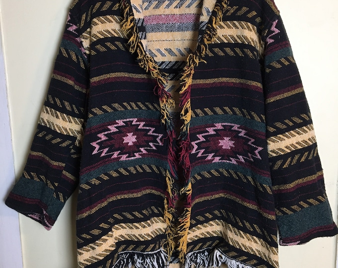 Vintage Blanket Jacket Cotton Fringe Aztec Woven Tapestry Cardigan Hippie Boho Festival Bohemian Southwestern Coat