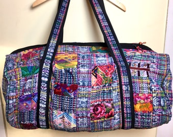 Guatemalan Ethnic XL Embroidered Duffle Bag Patchwork Huipil Boho Hippie Weekender Overnight Corte Ikat Woven Vintage