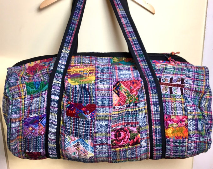 Guatemalan Ethnic XL Embroidered Duffle Bag Patchwork Huipil Boho Hippie Weekender Overnight Corte Ikat Woven Vintage