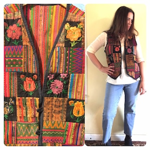 Vintage Guatemala Patchwork Ikat Vest Embroidered 70s Woven Sparkle Cotton Hippie Boho Festival Bohemian Hand Loomed Flowers