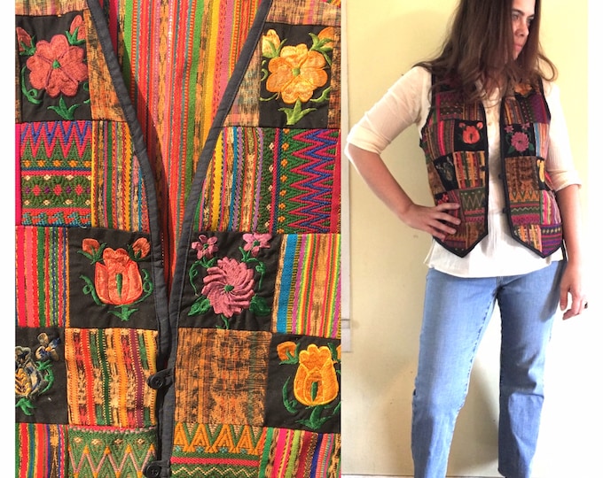Vintage Guatemala Patchwork Ikat Vest Embroidered 70s Woven Sparkle Cotton Hippie Boho Festival Bohemian Hand Loomed Flowers
