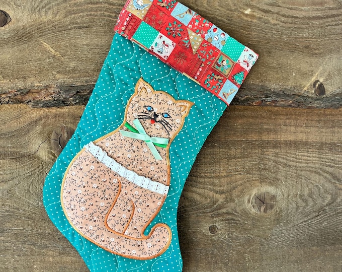 Vintage Cat Christmas Stocking Quilted Handcrafted Decor
