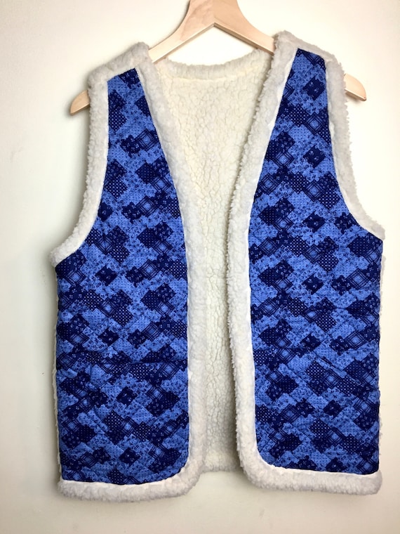 Vintage 70s Patchwork Print Faux Fur Vest Quilted Hippie Boho Festival Bohemian Floral