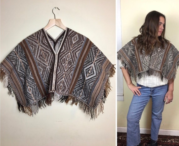 Vintage 70s Hand Woven Peruvian Bolero Poncho Wool Alpaca Hippie Boho Festival Ethnic Bohemian Peru Ethnic Loomed Kilim Fringe