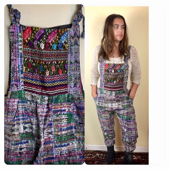Vintage Guatemalan Ikat Overalls: Embroidered Cotton Jumpsuit