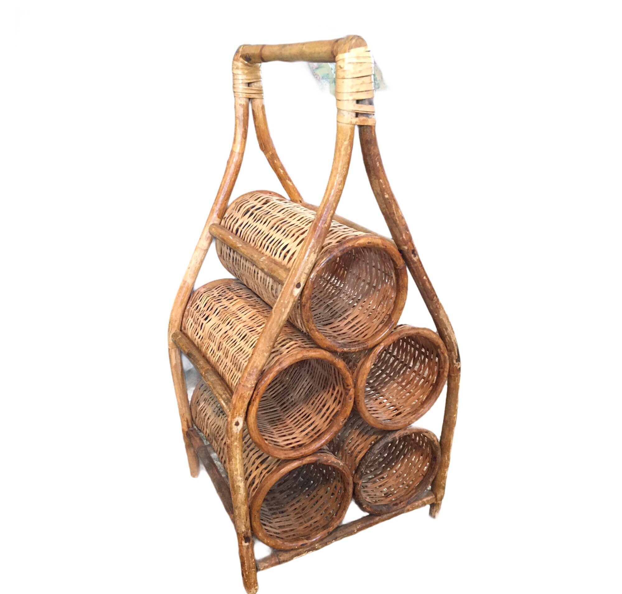 Vintage Wicker Rattan Wine Rack Holder Boho 70s Mid Century Etsy