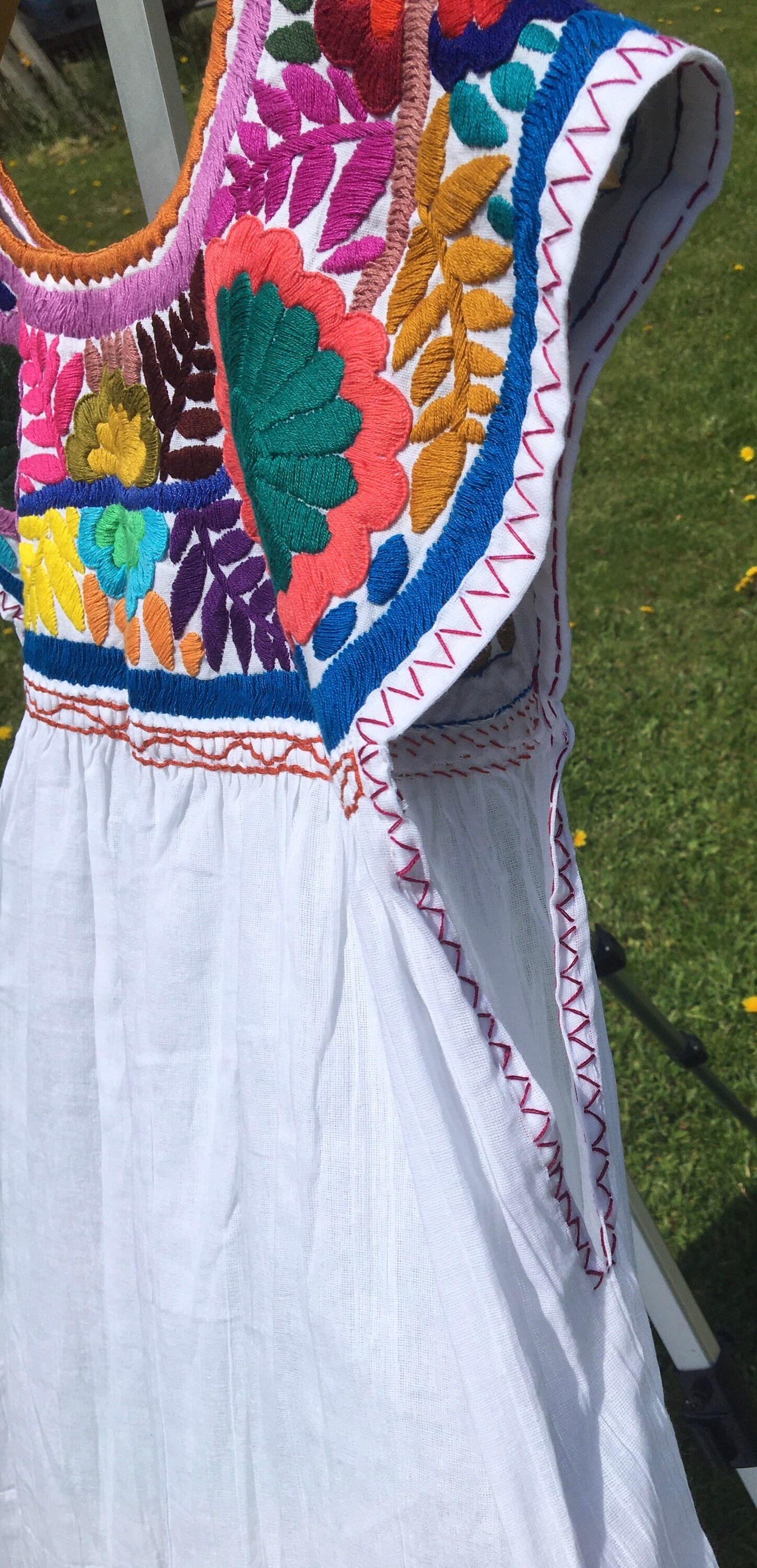 Vintage Hand Embroidered Mexican Dress Gauze Floral Embroidered White Midi Reversible Mexican Hippie Boho Gypsy Festival Ethnic Bohemian