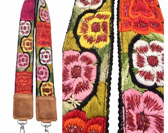 Embroidered Bag Strap Camera Strap Floral Flowers Hearts Sparkles Leather Faja Guatemala