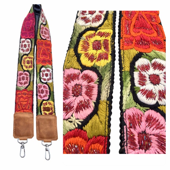 Embroidered Bag Strap Camera Strap Floral Flowers Hearts Sparkles Leather Faja Guatemala