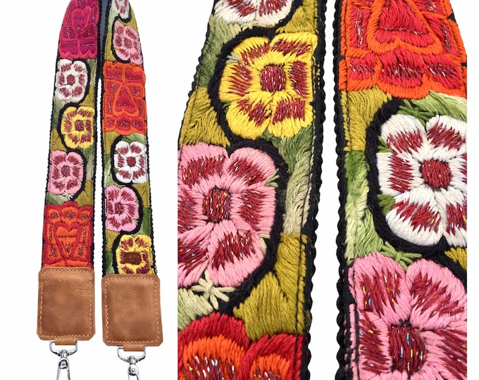 Embroidered Bag Strap Camera Strap Floral Flowers Hearts Sparkles Leather Faja Guatemala