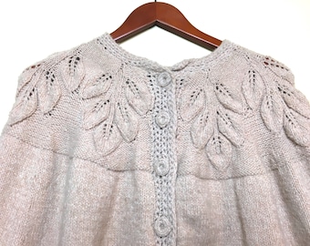 Vintage 1970s Hand Knit Cream Poncho Knitted Cape Leaf Detail Fringe Boho Crochet Buttons Bohemian Hippie Leaves Cable Great Detail