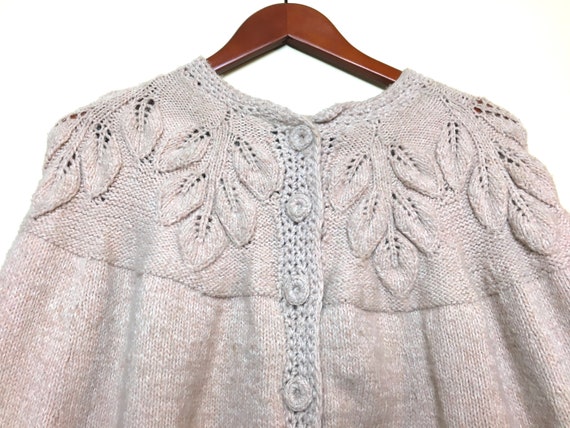 Vintage 1970s Hand Knit Cream Poncho Knitted Cape Leaf Detail Fringe Boho Crochet Buttons Bohemian Hippie Leaves Cable Great Detail