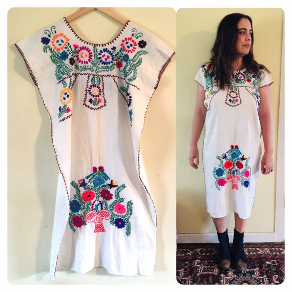 Vintage Hand Embroidered Mexican Dress: Floral White Kaftan Tunic