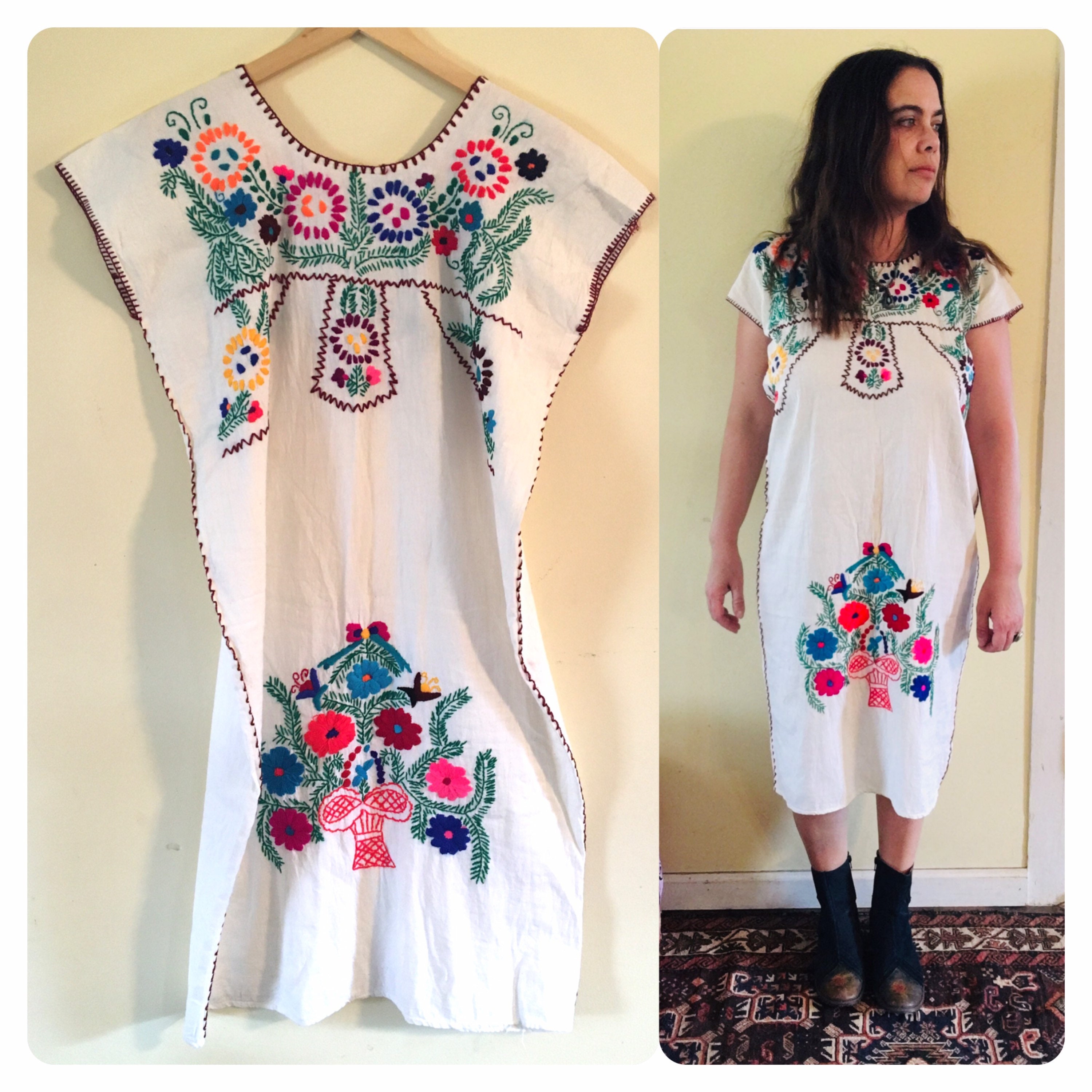 Vintage Hand Embroidered Mexican Dress Floral Embroidered - Etsy