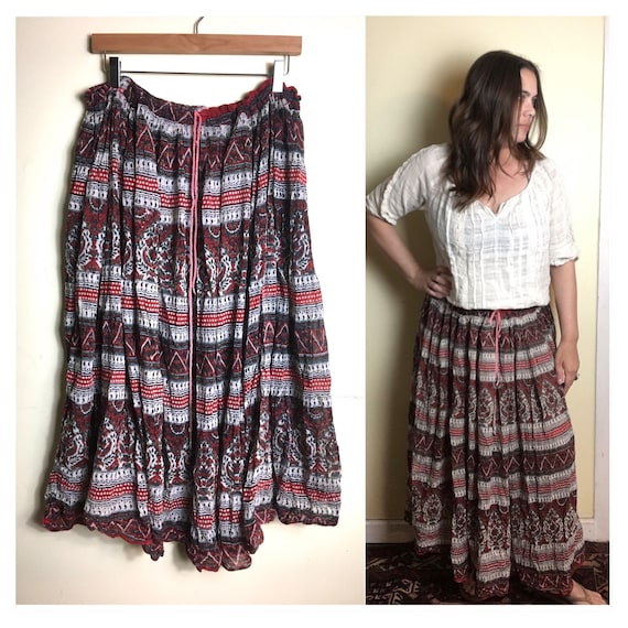 Vintage Indian Sheer Gauze Skirt Cotton Hippie Boho Gypsy Festival Ethnic Bohemian Block Print