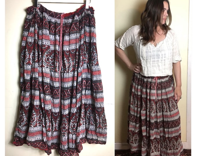 Vintage Indian Sheer Gauze Skirt Cotton Hippie Boho Gypsy Festival Ethnic Bohemian Block Print