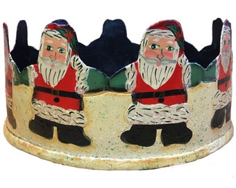 Vintage Hand Painted Metal Santa Christmas Centerpiece Planter Primitive Rustic Farmhouse Hand Made Santas