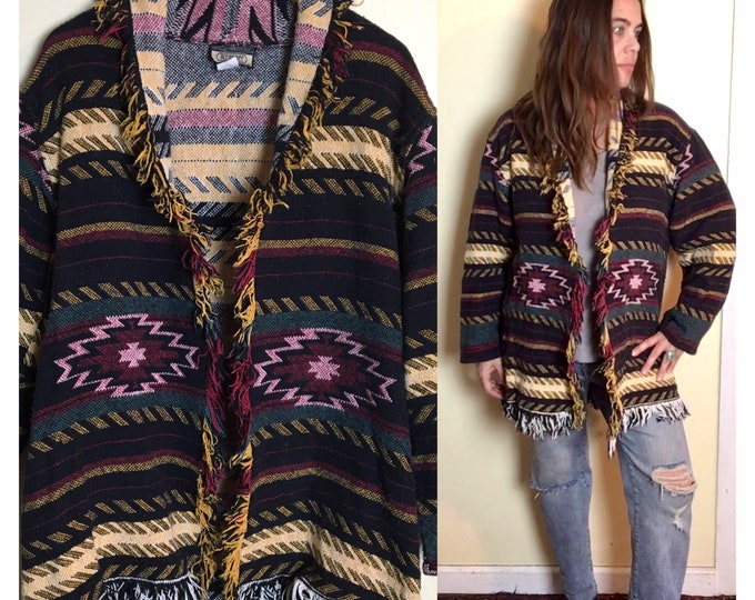 Vintage Blanket Jacket Cotton Fringe Aztec Woven Tapestry Cardigan Hippie Boho Festival Bohemian Southwestern Coat