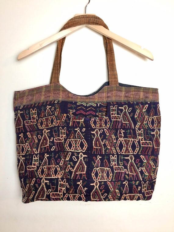Vintage Guatemalan Ethnic L Embroidered Sparkle Bag Huipil Boho Hippie Weekender Corte Ikat Woven Animals