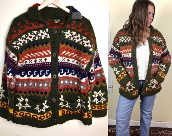 Vintage Hand Knit Wool Cardigan Ecuadorian Sweater Ethnic Oversize Chunky Knit Hippie Boho Bohemian Ecuador