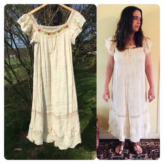 Vintage Gauze Dress Cotton Crochet Hippie Boho Gy… - image 1