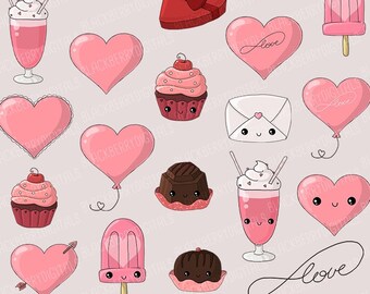 Kawaii Valentine's Day Clipart, kawaii valentine clip art, valentine's day stickers, heart clipart, kawaii clipart with Instant Download