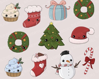 Kawaii Christmas Clipart Set, kawaii christmas clip art,  christmas stickers, christmas digital art, commercial use with Instant Download