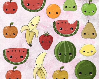 Kawaii Fruit Clipart, fruit clip art, kawaii clipart, cute fruit digital art, food clipart, fruit art commercial use with Instant Download