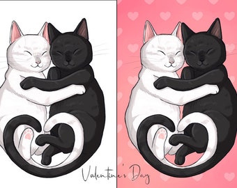 Valentine's Day Cat Card Digital Illustration Printable Valentines Day Digital Art, Cute Wallpaper Iphone Lockscreen with Instant Download