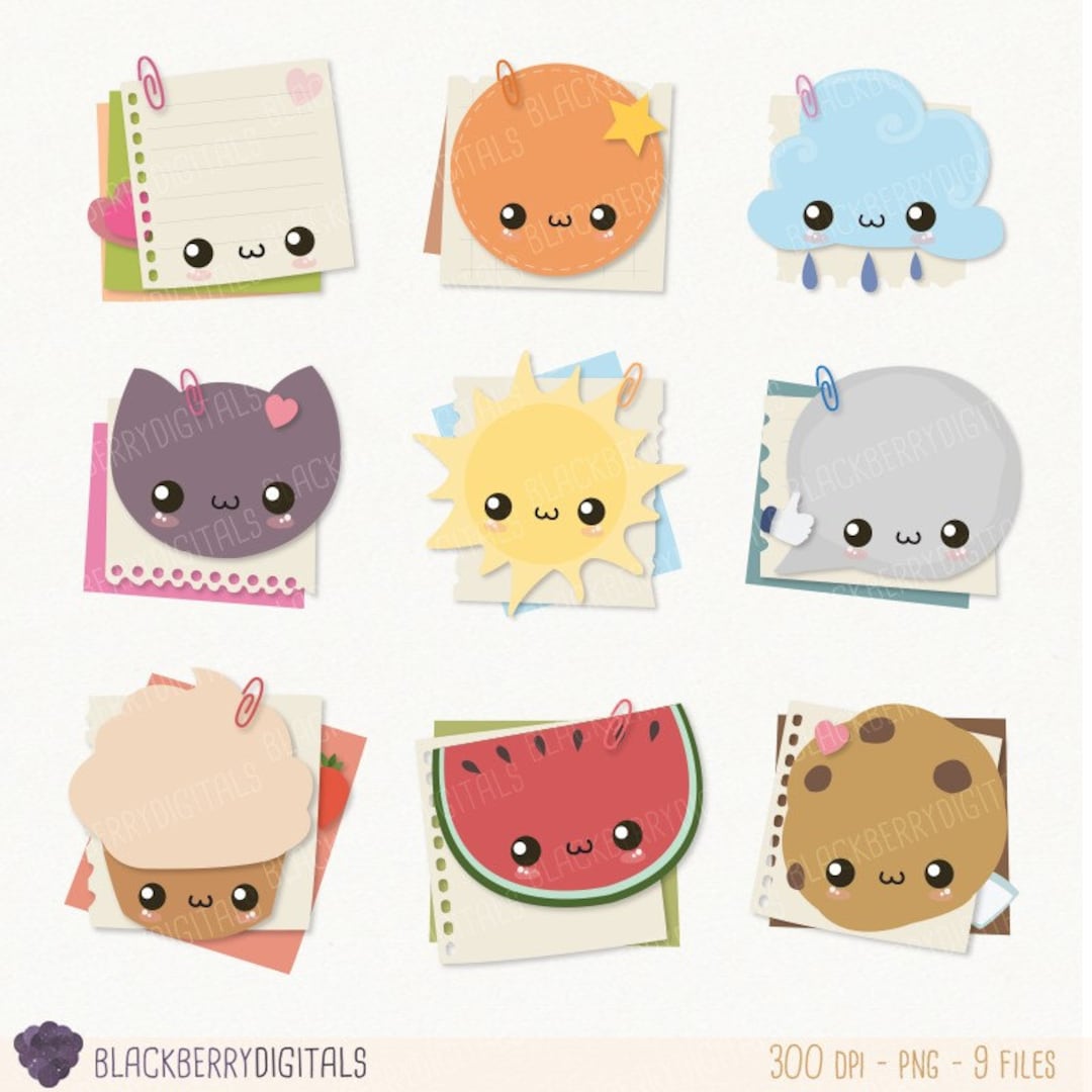 Sticky Note Clipart Set, Sticky Note Clip Art, Kawaii Clipart, Kawaii