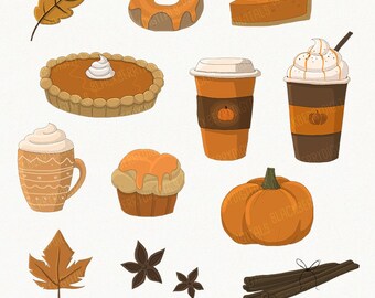 50% OFF Pumpkin Spice Clipart Set, pumpkin clip art images, fall clipart, pumpkin spice digital art, commercial use with Instant Download