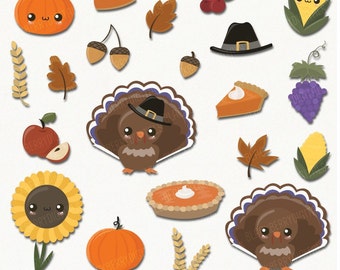 Thanksgiving Clipart Set, kawaii thanksgiving clip art images, fall vector, thanksgiving digital art, commercial use with Instant Download