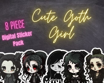 8 piece Digital Stickers Sheet Cute Goth Girl