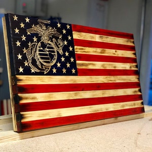 26x14 Wooden American Flag with USMC Eagle, Globe & Anchor