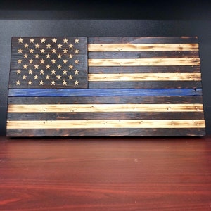 26x14 Wooden American Police Flag, Thin Blue Line Flag