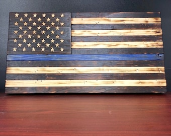 26x14 Wooden American Police Flag, Thin Blue Line Flag
