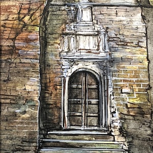 Original handpainted watercolor of old door, Southern Italy painting, italian architecture painting, small watercolor illustration of door