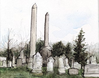 Original handpainted watercolor by Erica Harney, painting of cemetery, watercolor landscape painting, painting of graveyard, spooky painting
