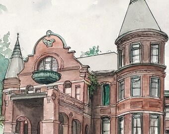 Original handpainted watercolor painting by Erica Harney, Wilson Castle watercolor painting, spooky haunted house painting, macabre art