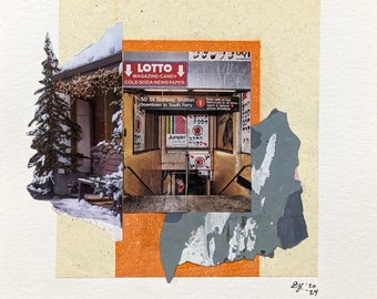 Original handmade collage by Erica Harney, peeled paint, cut paper and other upcycled materials. Unique urban/natural landscape contrast.