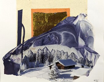 Original handmade cut paper collage, peeled paint collage, Erica Harney paint skin, abstract landscape, snowy winter scene, log cabin art