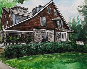 Original handpainted watercolor painting by Erica Harney, Swarthmore house watercolor painting, Philly house illustration, original painting
