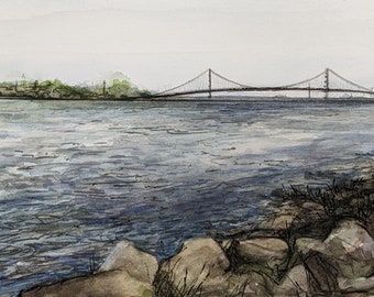 Original handpainted watercolor painting by Erica Harney, Ben Franklin bridge, Philly cityscape art, Philadelphia painting, urban landscape