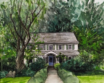 Original handpainted watercolor painting by Erica Harney, Swarthmore house watercolor painting, Philadelphia painting, original watercolor