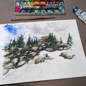 Original handpainted watercolor painting by Erica Harney, Colorado landscape painting, Rocky mountain watercolor painting, snowy landscape image 10