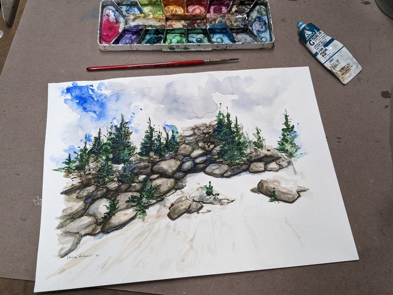 Original handpainted watercolor painting by Erica Harney, Colorado landscape painting, Rocky mountain watercolor painting, snowy landscape image 10