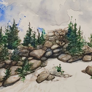 Original handpainted watercolor painting by Erica Harney, Colorado landscape painting, Rocky mountain watercolor painting, snowy landscape image 1